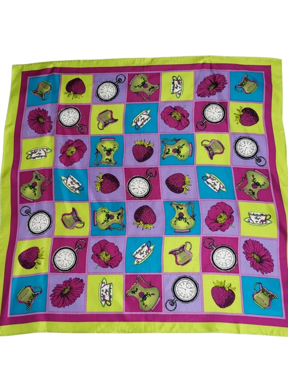 Vintage Accessory Street 100% Silk Square Scarf Checkerboard Pop Art Korea 21x21